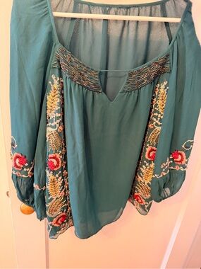 Embroidered Teal Peasant Blouse - Women Tops